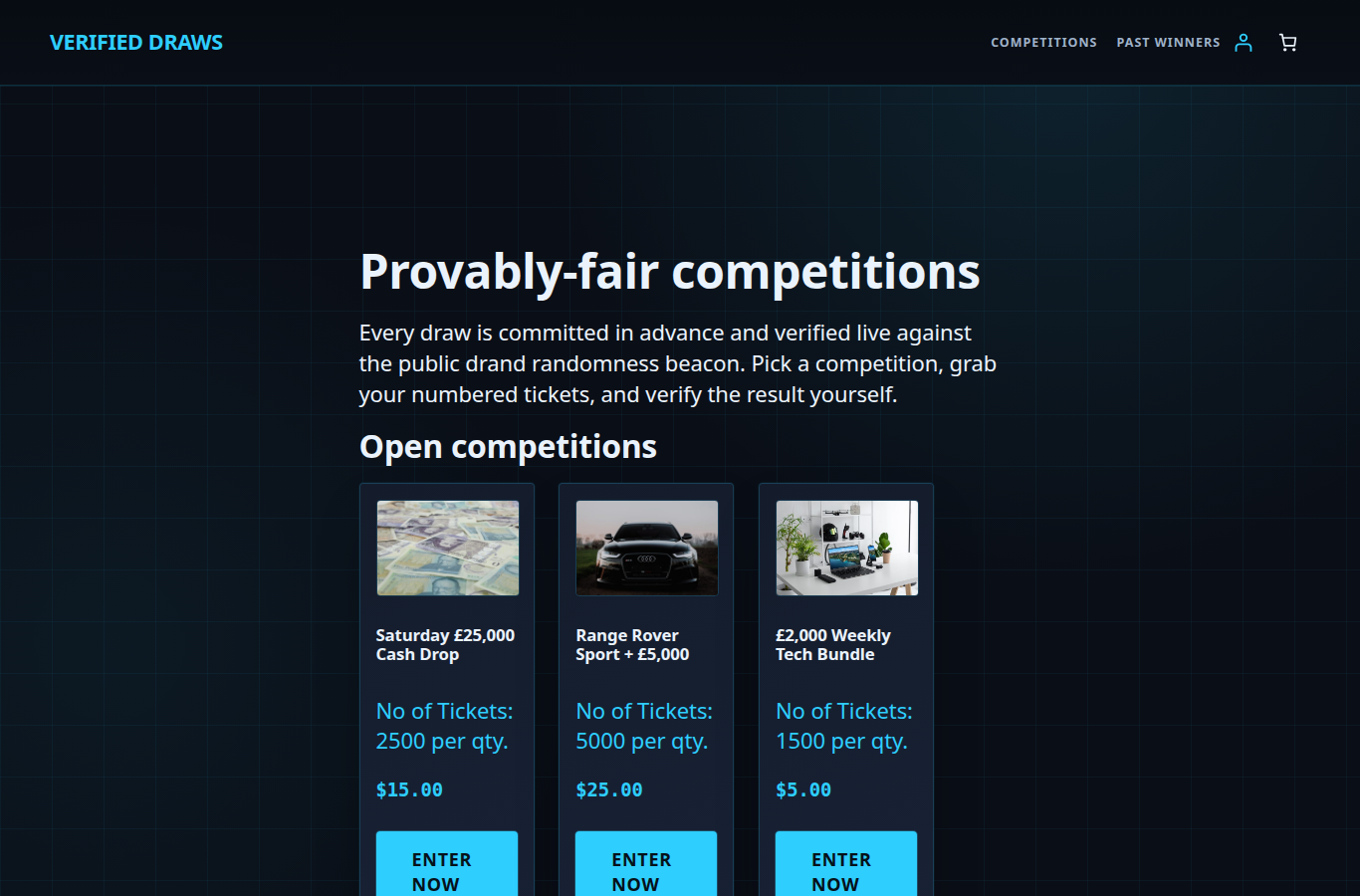 The Verified Draws themed competition home page listing three open competitions with prize photos and ticket details