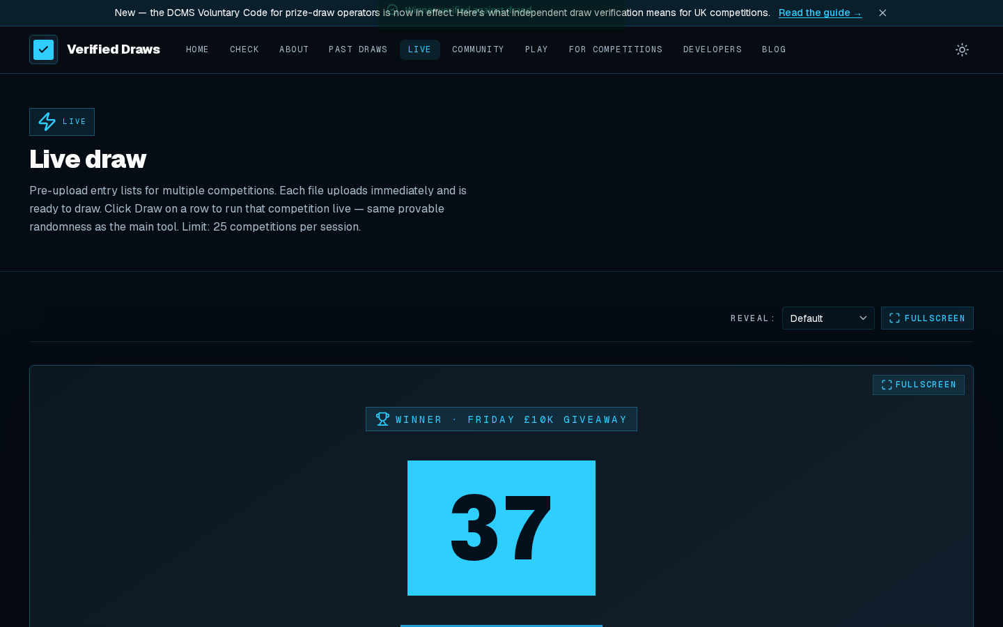 The Verified Draws live draw screen revealing a winner