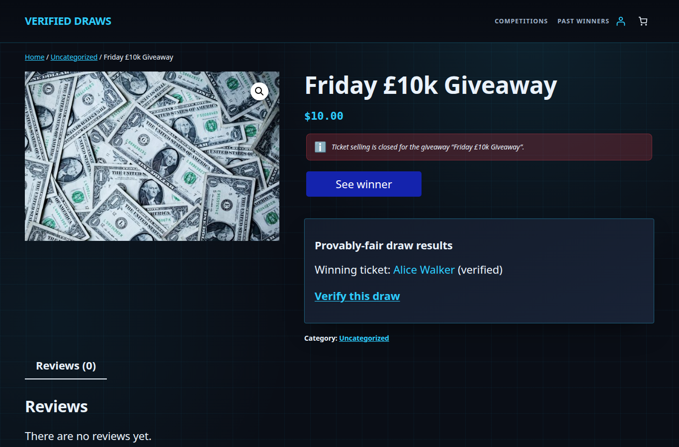 The live, themed competition product page showing the winning ticket Alice Walker and a Verify this draw link