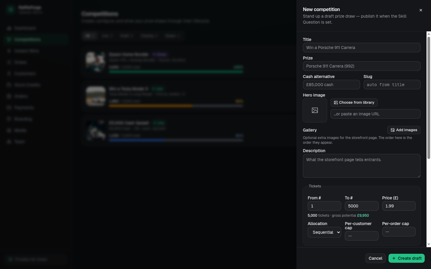 The RaffleForge competition builder for setting tickets, prizes, instant wins and the UK skill question