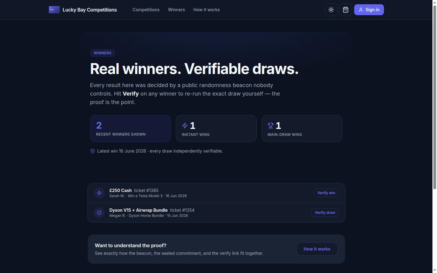 The RaffleForge draws and winners surface with independent verify links