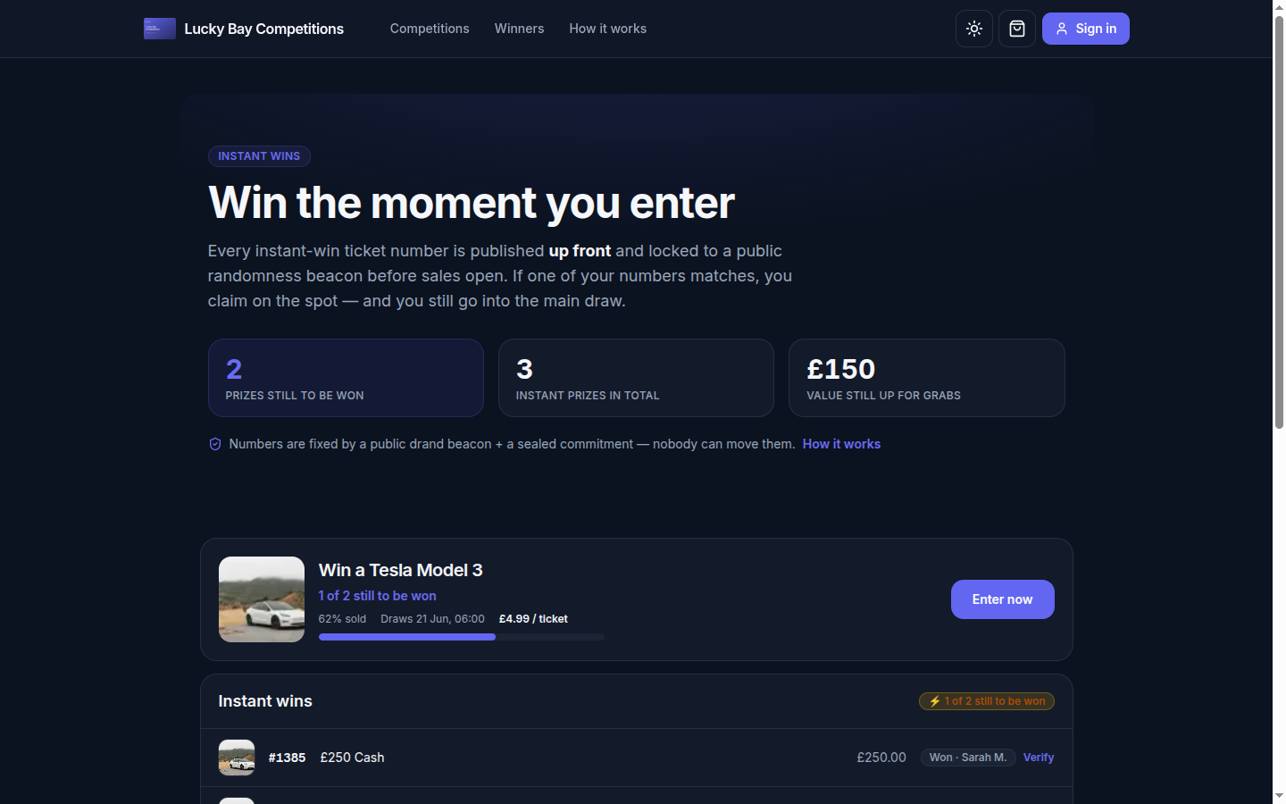 The RaffleForge instant-wins surface showing committed prize positions