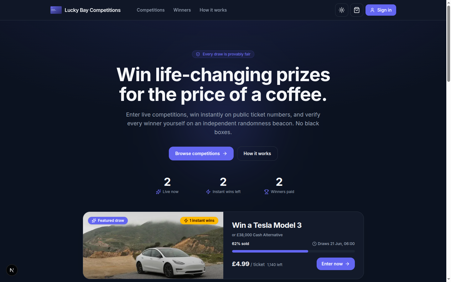 A hosted RaffleForge raffle storefront home page on a secure subdomain